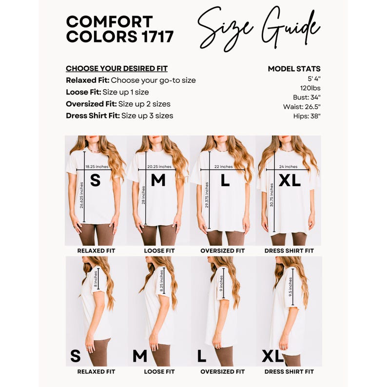Pu&ograve; includere: Una guida alle taglie per le t-shirt Comfort Colors 1717. La guida mostra diverse vestibilit&agrave;: Relaxed, Loose, Oversized e Dress Shirt. Le misure sono in pollici. Sono incluse le statistiche del modello: 163 cm, 54 kg, Busto: 86 cm, Vita: 67 cm, Fianchi: 97 cm.