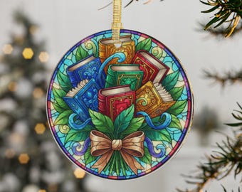 Stained Glass Style Books Christmas Ornament - Book Lover Holiday Decor