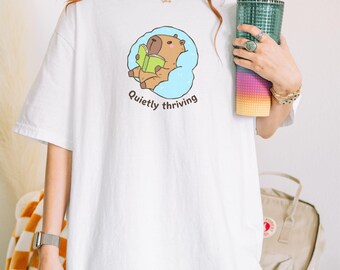 Capybara Reading Graphic Tee, Animal Book Lover Shirt, Cozy Relaxation Apparel