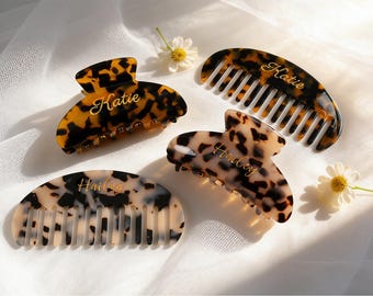 Set de regalo para damas de honor, peine y pinza personalizados, peine de acetato con inicial personalizada, peine de bolsillo, regalo de novia.