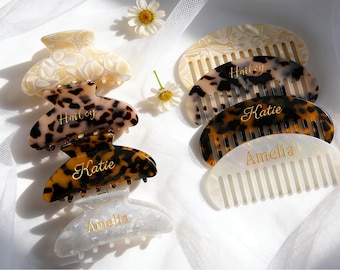 Wedding Bridesmaids Gift Set, Custom Engraved Comb & Clip, Custom Initial Acetate Hair Comb, Pocket Hair Comb, Bridal Gift