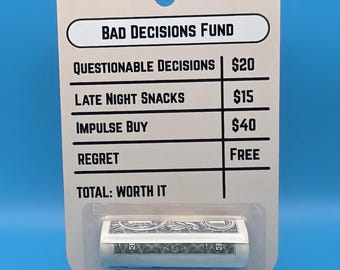 Personalized Bad Decisions Money Holder, Funny Cash Card, Novelty Gag Gift, 21st Birthday Present