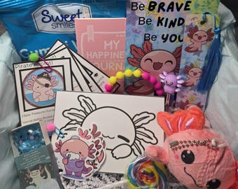 Axolotl Gift Box, Kawaii Care Package, Personalized Birthday Bundle for Kids