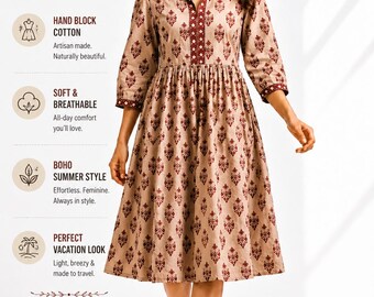 Vestido midi de algodón con estampado a mano para mujer / Vestido bohemio floral de verano / Vestido midi cottagecore / Vestido bohemio ligero