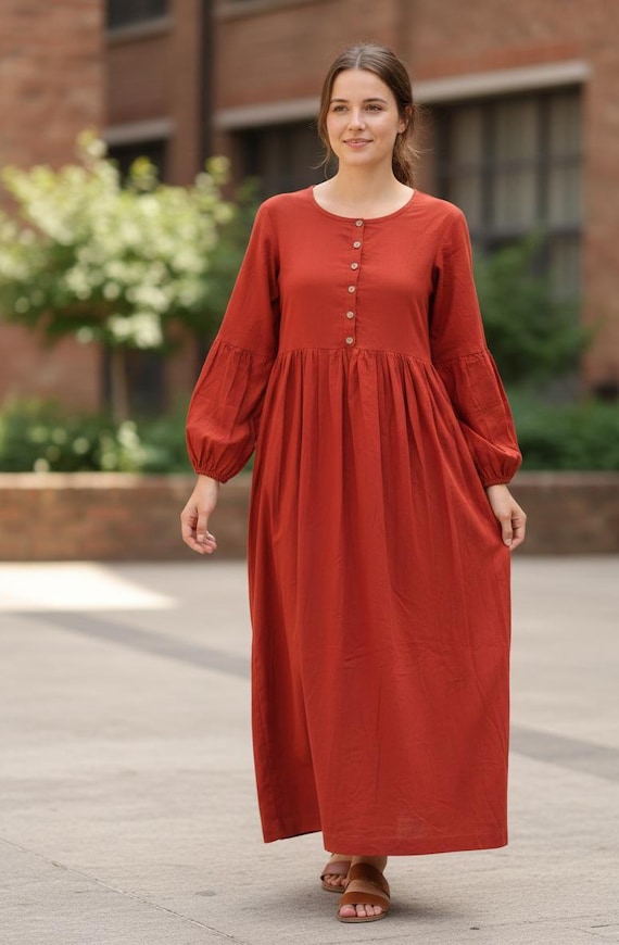 red peasant dress Boho Long Dress, Minimalist Solid Button Front Maxi, Gathered Waist Dress, Modest Balloon Sleeve Summer Outfit peasant dress Sadie Short Peasant Dress