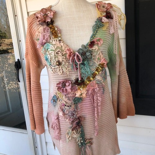 BoHo Victorian shabby hand tie dye artsy long shops sleeve top