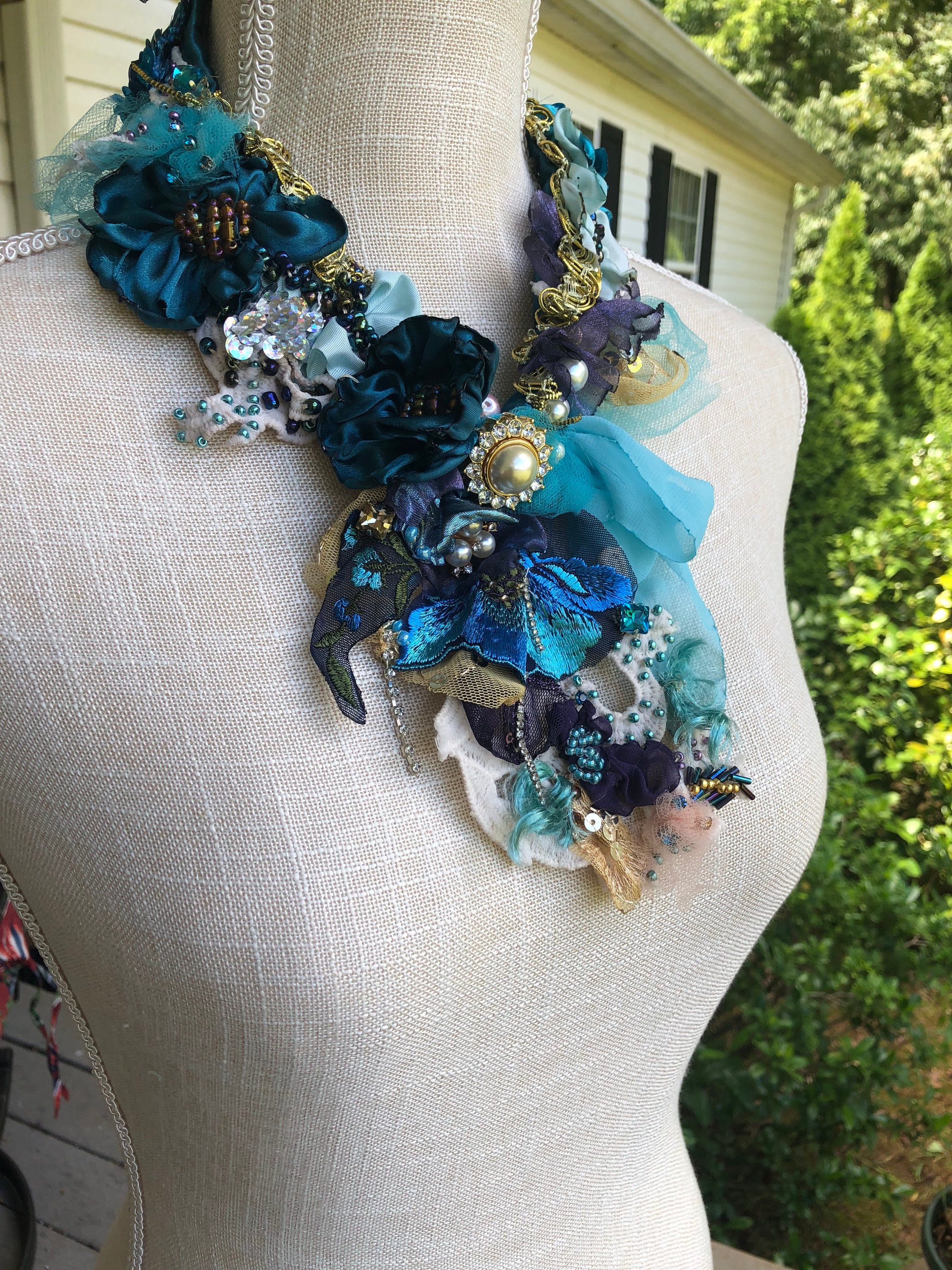 Blue victorian statement embroidered necklace