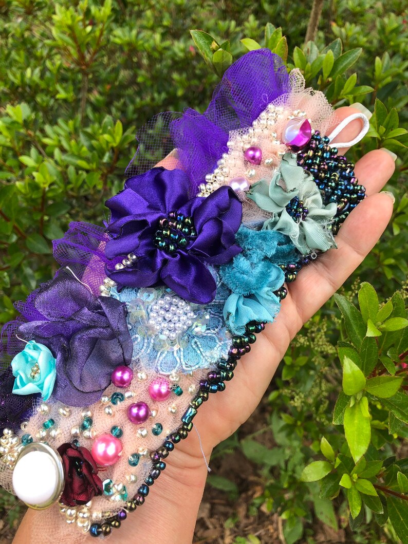 Textile boho chabby purple embroidered cuff bracelet image 1