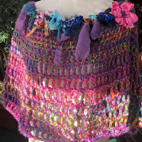 Crochet colorful handmade flowers scarf shops Poncho
