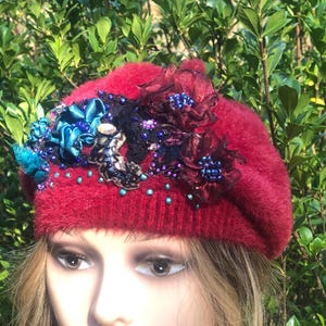 Marticas red benne’s embroidered lace pearls textile wearable art statement piece
