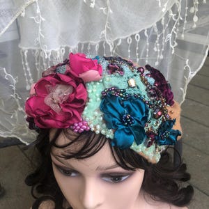 bohemian vintage lace embroidered hat band blue red flowers
