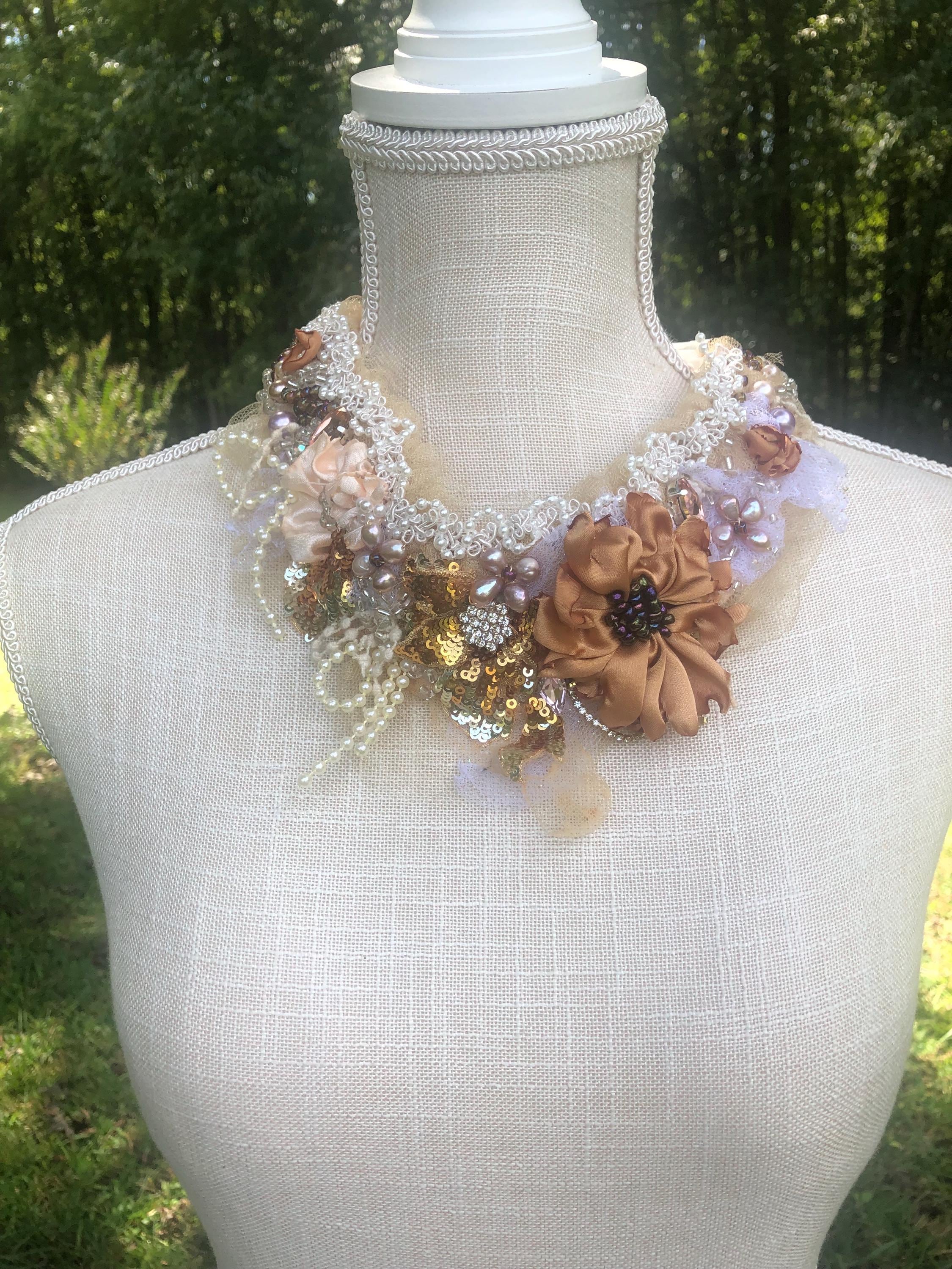 chabby embroidered necklace Yellow Victorian Textile wearable, art, Pearls Crystals