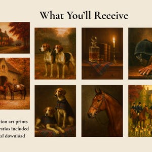 Puede incluir: Colecci&oacute;n de ocho impresiones art&iacute;sticas de alta resoluci&oacute;n con temas ecuestres y de caza. Incluye im&aacute;genes de perros, caballos y escenas campestres. El texto dice "Lo que recibir&aacute;s" y enumera "8 impresiones art&iacute;sticas de alta resoluci&oacute;n", "M&uacute;ltiples relaciones de tama&ntilde;o incluidas" y "Descarga digital instant&aacute;nea".