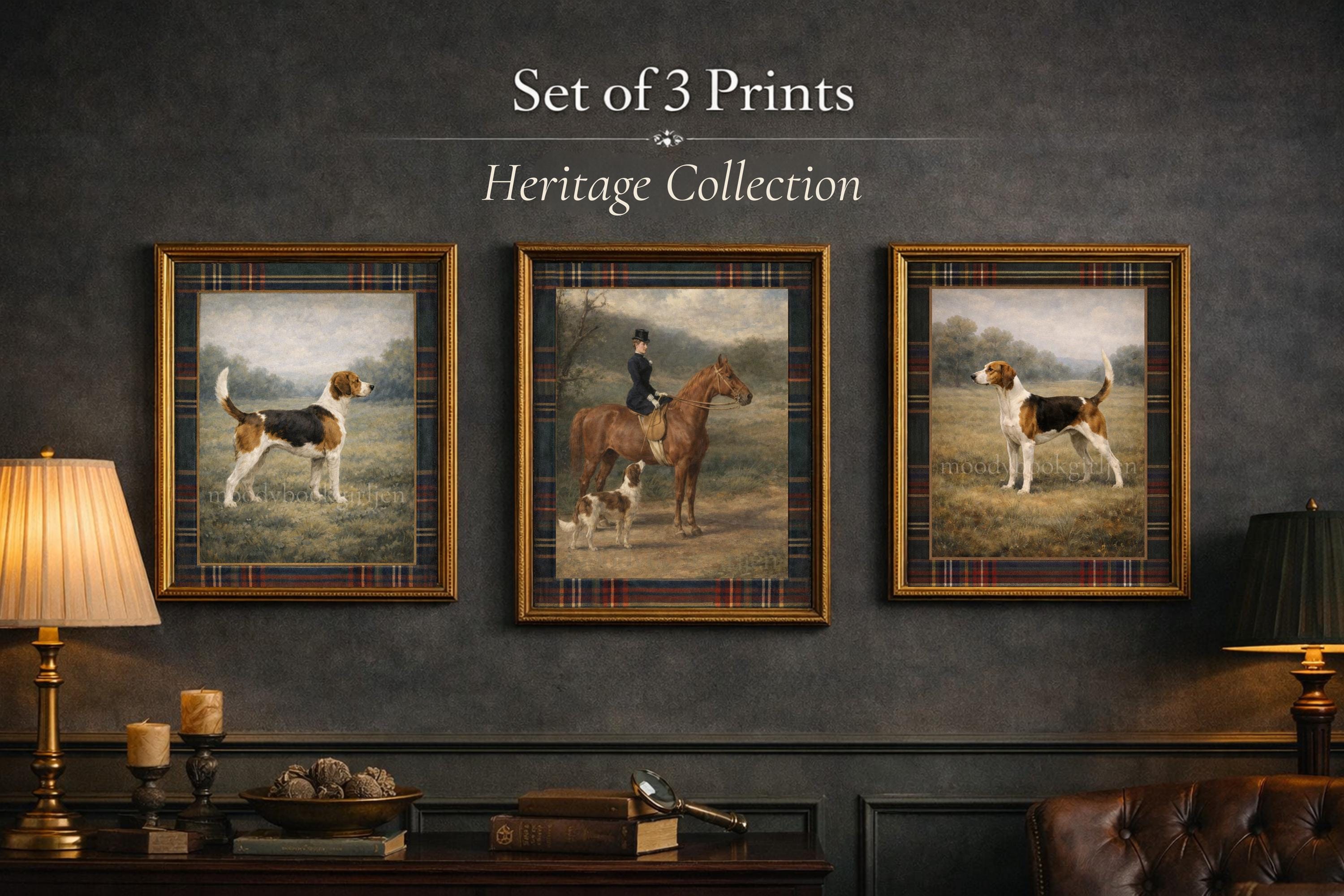 英国製ラルフローレン ヴィンテージ絵皿3枚セット 壁掛け 馬と猟犬 カントリー Equestrian Wall Art Set of 3 Prints, Ralph Lauren Style Decor