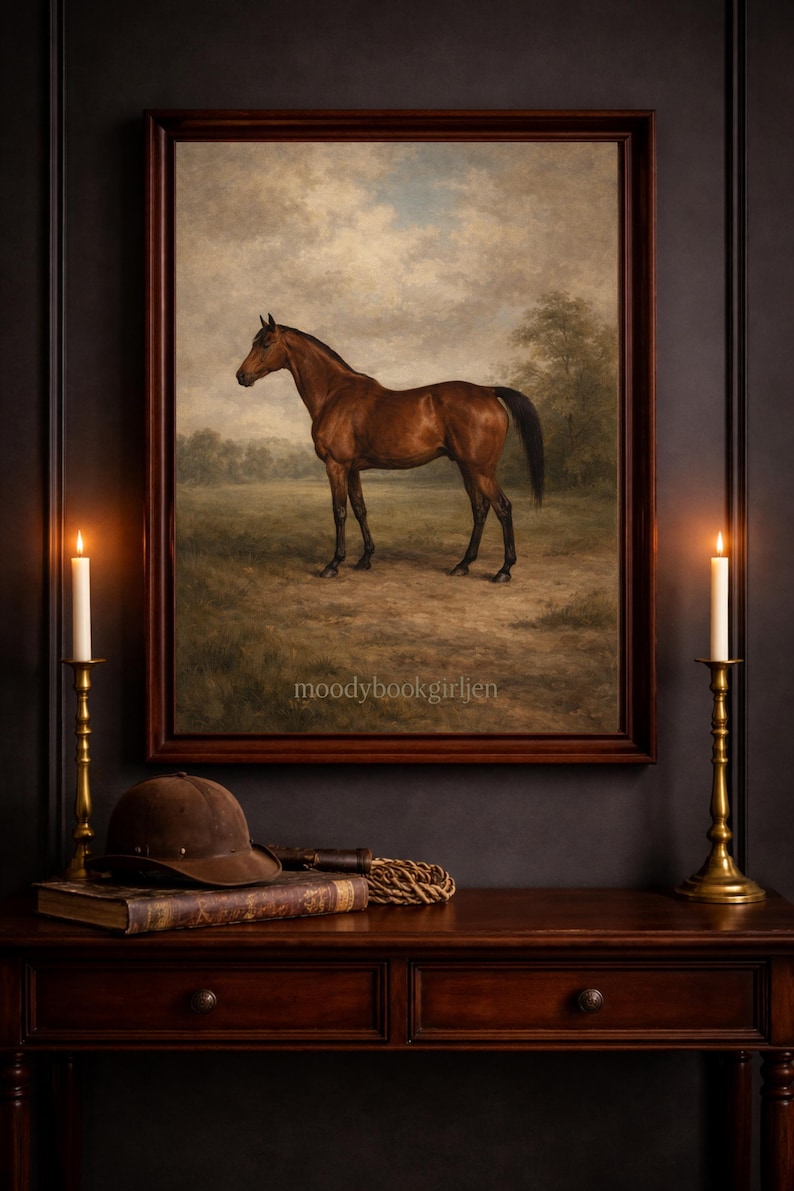 May include: A framed painting of a brown horse in a field, set against a cloudy sky. The artwork hangs above a dark wooden table with a riding helmet, book, and candle holders. Two lit candles flank the painting, creating a warm ambiance.