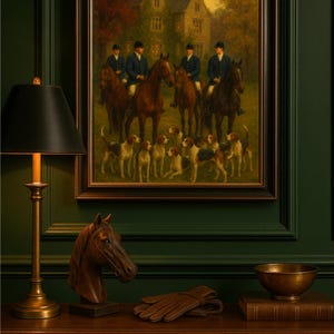 Puede incluir: Una pintura al &oacute;leo enmarcada que representa jinetes a caballo con perros en un entorno rural. Una mesa de madera debajo exhibe una escultura de cabeza de caballo, guantes de cuero, una l&aacute;mpara de lat&oacute;n y un cuenco.