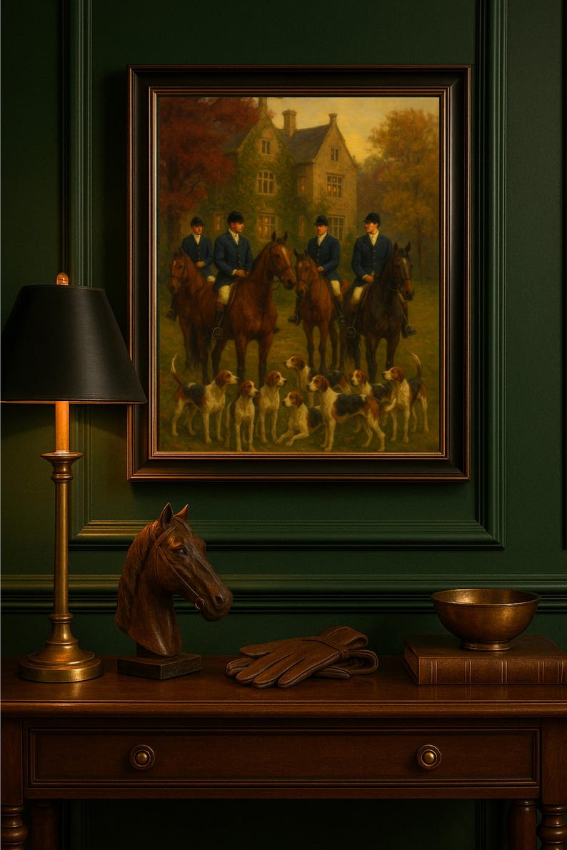 Puede incluir: Una pintura al &oacute;leo enmarcada que representa jinetes a caballo con perros en un entorno rural. Una mesa de madera debajo exhibe una escultura de cabeza de caballo, guantes de cuero, una l&aacute;mpara de lat&oacute;n y un cuenco.