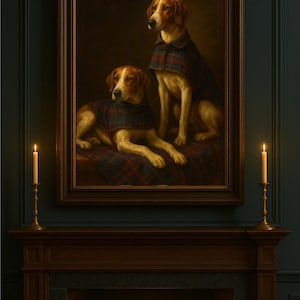 Puede incluir: Pintura enmarcada de dos perros con abrigos a cuadros, sobre una chimenea con velas encendidas. Los perros son marrones y blancos, y el estampado a cuadros es rojo, azul y verde. El marco es de madera oscura.