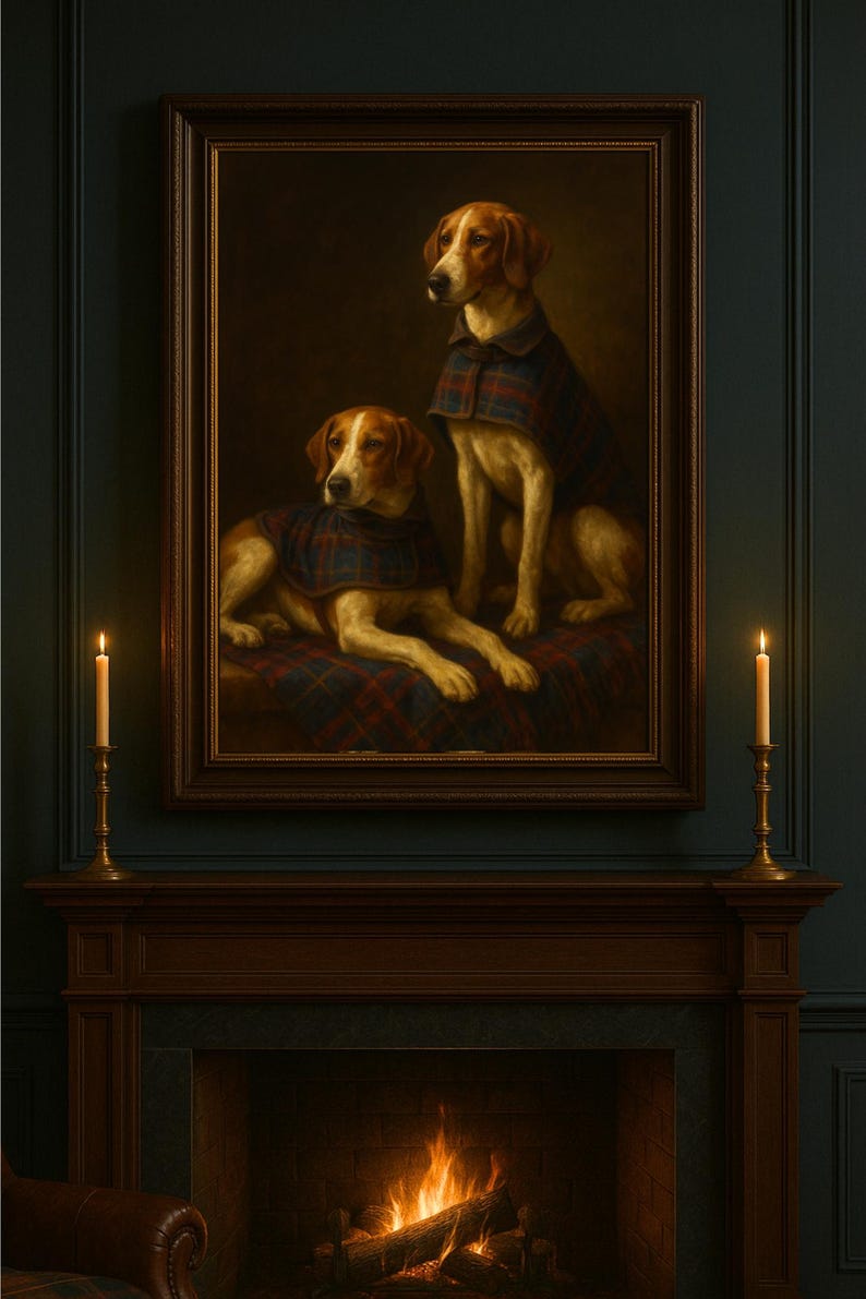 Puede incluir: Pintura enmarcada de dos perros con abrigos a cuadros, sobre una chimenea con velas encendidas. Los perros son marrones y blancos, y el estampado a cuadros es rojo, azul y verde. El marco es de madera oscura.