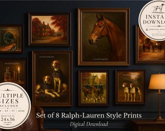 Láminas de pared para galería ecuestre, inspiradas en Ralph Lauren, estilo club de campo y casa solariega.