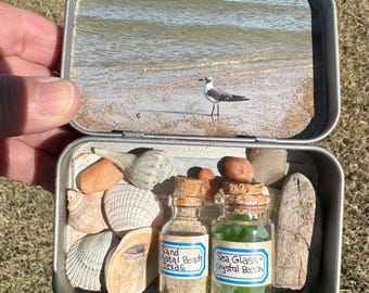 Metal Tin Crystal Beach Diorama with natural souvenirs