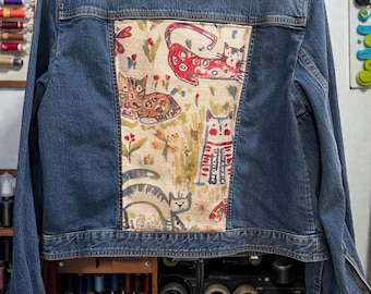 Cat lovers! Talbots Unique, NEW Denim Jacket Embellished with Embroidered Cat Fabric! One of a Kind!
