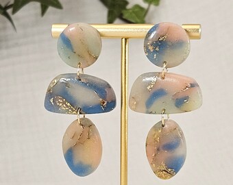 Pastel Marbled Polymer Clay Earrings: chunky pink, blue & cream colored polymer clay earrings