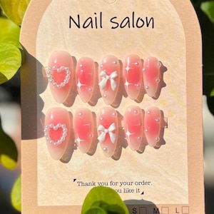 3D Bow & Pearl Pink Almond Press-On Nails