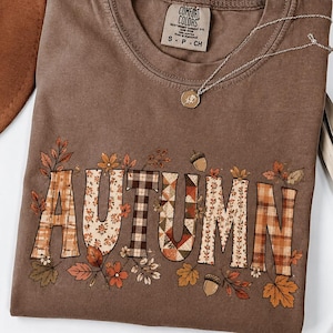 Autumn Shirt, Fall Patchwork Typography Tee, Cozy Autumn Leaves Shirt, Comfort Colors Fall Graphic Tee