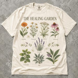 Healing Garden Shirt, Vintage Botanical Herb Study Tee, Cottagecore Plant Lover Gardener Gift