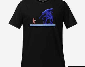 Camiseta retro de videojuego alienígena: Ripley vs. la Reina Xenomorfa en arte pixelado