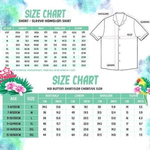 The image is a size chart for a short sleeve Hawaiian shirt, providing measurements for different units and sleeve lengths.