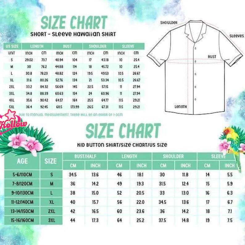 The image is a size chart for a short sleeve Hawaiian shirt, providing measurements for different units and sleeve lengths.