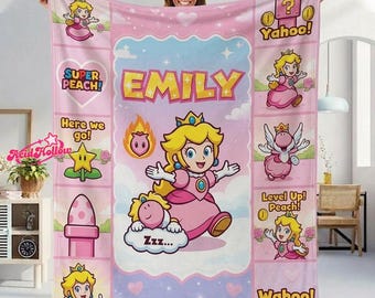 Personalized Princess Peach Fleece Blanket, Custom Name Super Peach Throw, Kids Gaming Bedroom Decor, Gift for Gamer Girl