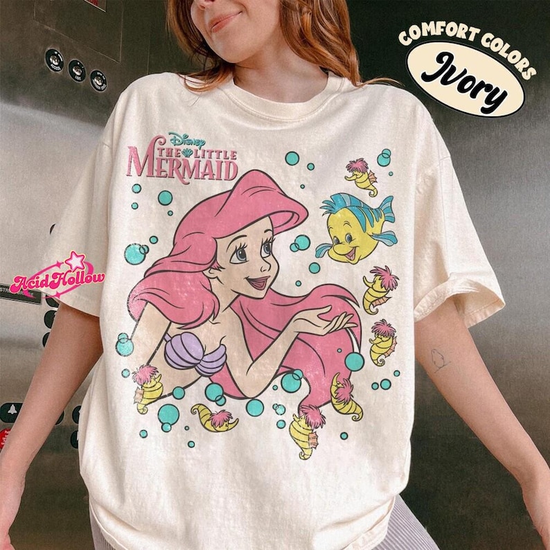 Disneyland The Little Mermaid Ariel Princess & Flounder Bubble Poster T-Shirt, Gift For Her, Princess Ariel Shirt, WDW Disneyland Girls Trip image 1