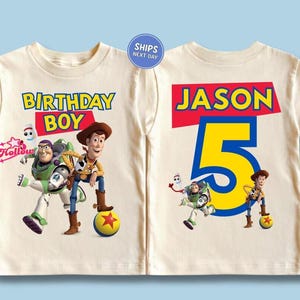 Toy Story Custom Birthday Shirt, Personalized Disneyland Birthday Boy T-Shirt, Pixar Woody Buzz Lightyear Jessie Birthday Toddler Youth Tee imagem 1