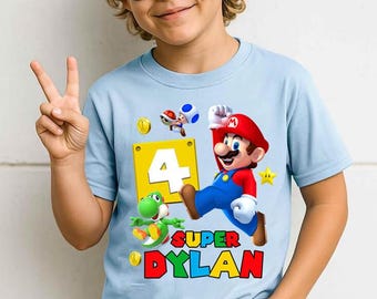 Camiseta de cumpleaños personalizada de Super Mario, camiseta familiar de Super Mario, camiseta personalizada de cumpleaños de Mario, camiseta de fiesta de cumpleaños de Mario para niño