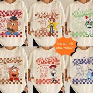 Retro Disneyland Pixar Toy Story All Characters Checkered Signature Shirt, Woody, Buzz, Jessie, Bo Peep, Personalized Group Matching Tee image 1