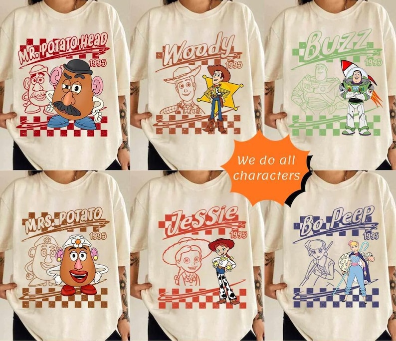 Retro Disneyland Pixar Toy Story All Characters Checkered Signature Shirt, Woody, Buzz, Jessie, Bo Peep, Personalized Group Matching Tee image 1