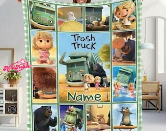 Custom Name Trash Truck Fleece Blanket, Trash Truck Birthday Gifts Blanket, Nursery Decor Gift, Cartoon Movie Bedroom Decor