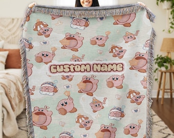 Personalized Kirby Woven Blanket, Custom Pink Kirby Blanket, Kirby Video Games Blanket, Custom Name Blanket, Christmas Birthday Gifts