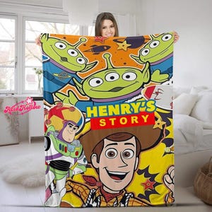 Custom Name Kids Alien and Woody Bedding, Henry Blanket, Buzz Lightyear Throw, Alien Sherpa Fleece, Gift for Boy