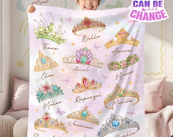 Disneyland Princess Crown Fleece Blanlet, Disneyworld Cinderella Belle Rapunzel Ariel Snow White Girl Trip Blanket, Princess Girl Blanket
