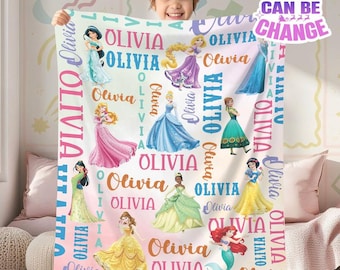 Personalized Watercolor Disneyland Princess Blanket, Custom Name Baby Girl Blanket, Princess Birthday Girl Gift, WDW Disneyland Princess