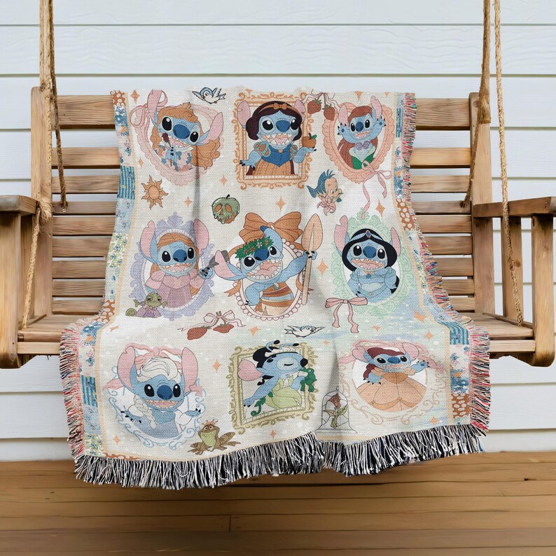 A colorful throw blanket featuring various characters from the Disney animated film "Stitch", including Lilo, Snow White, and other beloved characters.