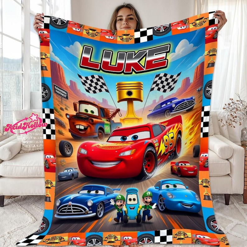 Personalized Disneyland Cars Fleece Blanket, Custom Name Lightning McQueen Blanket, Cars Mario Luigi Blanket, Birthday Gift, Cars Blanket image 1