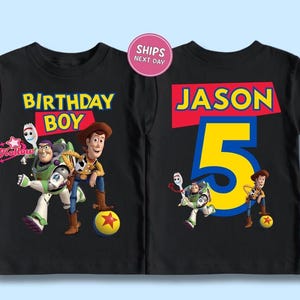 Toy Story Custom Birthday Shirt, Personalized Disneyland Birthday Boy T-Shirt, Pixar Woody Buzz Lightyear Jessie Birthday Toddler Youth Tee imagem 2