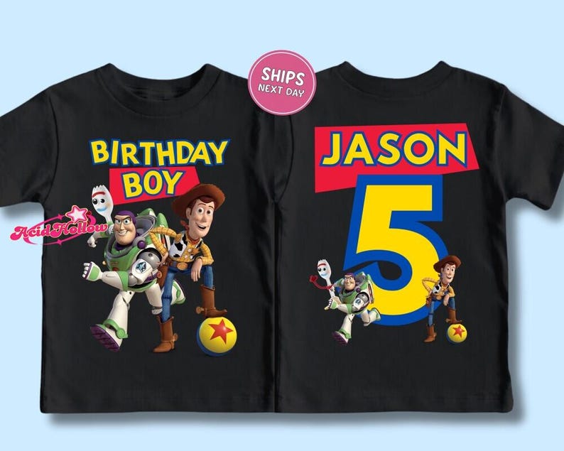 Toy Story Custom Birthday Shirt, Personalized Disneyland Birthday Boy T-Shirt, Pixar Woody Buzz Lightyear Jessie Birthday Toddler Youth Tee imagem 2