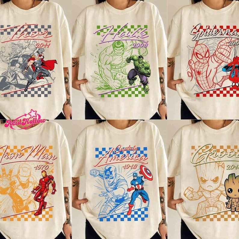 Retro Avengers Disneyland Marvel Shirt, Spiderman Iron Man Signature Birthday Boy, Birthday Girl, Marvel Family Group Matching Tee. image 1