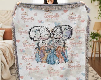 Personalized Princess Woven Blanket, Coquette Bows Princess Blanket, Disneyland Princess Blanket Birthday Girl Gift, Christmas Home Decor